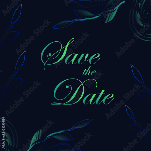  Save The Date card or wedding invitation templates decorated with elegant blooming garden flowers, inflorescences, leaves and buds hand drawn on black background. Botanical vector illustration
