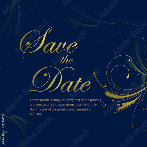 Save the date, wedding invitation card template with golden flower floral background. Vector illustration.