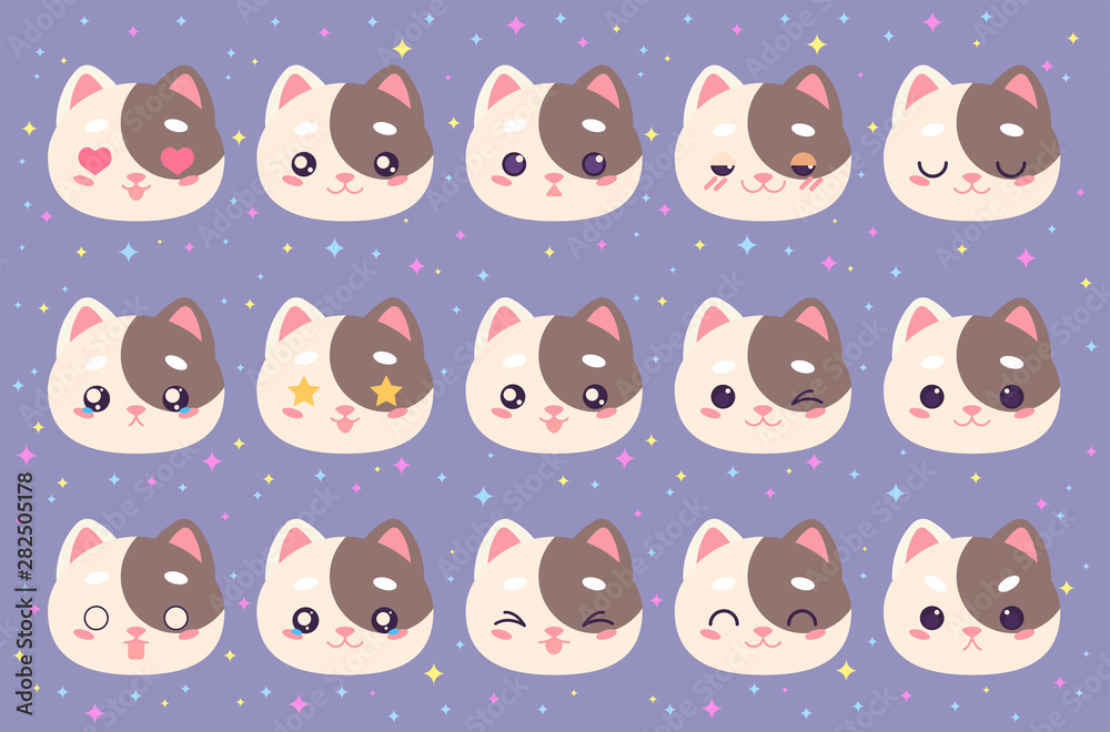 Fototapeta premium Colorful vector set of small cute cat emoticons. Collection isolated funny muzzle kitten with different emotion in cartoon style.