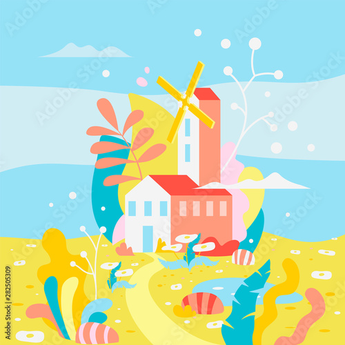 Vector illustration in simple modern style - mill house on abstract landscape background.