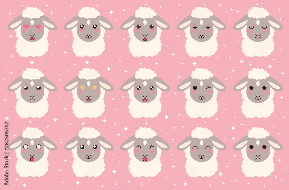 Colorful vector set of cute lamb emoticons. Collection isolated funny muzzle sheep with different emotion in cartoon style.