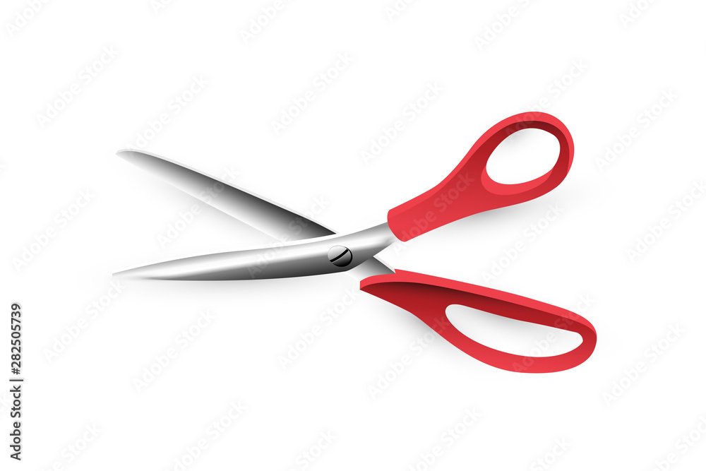 Open scissors icon with red handle on white background. Open scissors icon with red handle on white background.