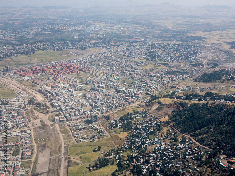 Aerial view of the sprawling city of Addis Ababa, Ethiopia.