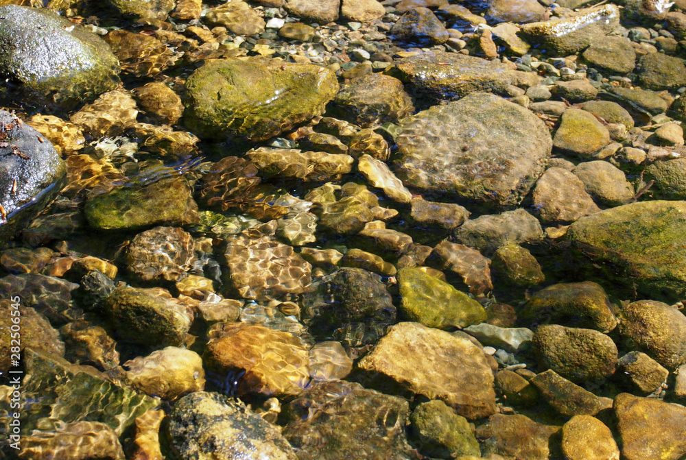 pebbles and rocks in a shallow stream with ripples reflecting sunlight in the water