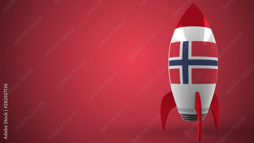 Flag of Norway on toy rocket. Norwegian hitech or space program related conceptual animation