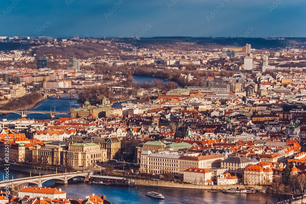 Aerial view of Prague, Czech Republic from Petrin Hill Observation Tower.
