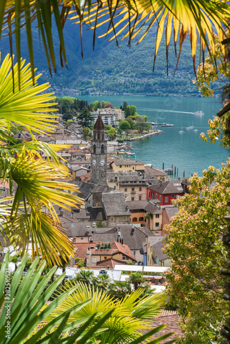 Ascona city in south of Switzerland, view from a garden