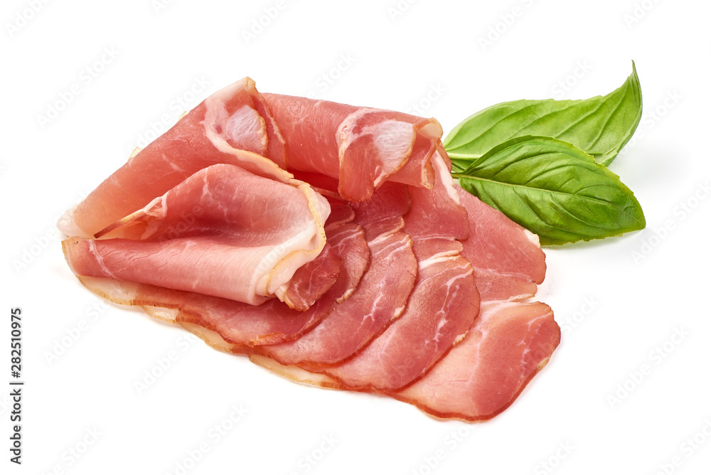 Italian prosciutto crudo or spanish jamon, isolated on white background