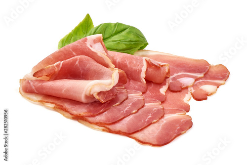 Dry Spanish ham, Jamon Serrano, Italian Prosciutto Crudo or Parma ham, isolated on white background