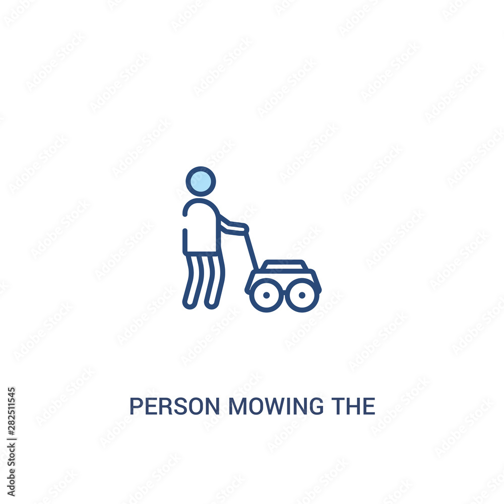 person mowing the grass concept 2 colored icon. simple line element illustration. outline blue person mowing the grass symbol. can be used for web and mobile ui/ux.