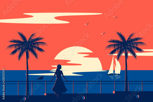 Sunset summer tropical beach with palm trees and sea. Nature landscape and seascape. Girl on the promenade.