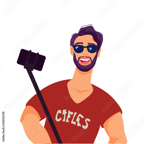 Hipster man taking selfie with a smartphone and stick flat vector illustration isolated.