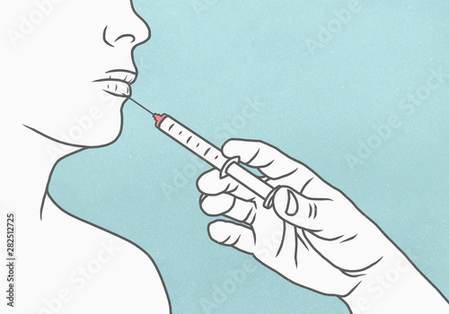 Detail of hand using syringe to make injection in womans lips photo