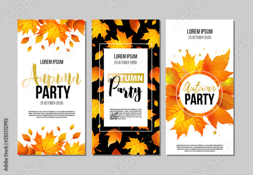 Set of Autumn Party flyer template with lettering, orange leaves. Poster, banner, card, label, and other design. Vector illustration