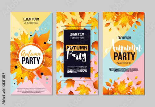 Set of Autumn Party flyer template with lettering, orange leaves. Poster, banner, card, label, and other design. Vector illustration