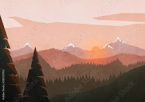 Idyllic, tranquil sunset view over mountain and forest landscape photo