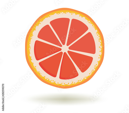 Citrus fruit.Vitamin C.Vector illustration of bright fresh ripe juicy grapefruit slice with a shadow isolated on a white background. Template for animation design, icon, logo, poster, advertising