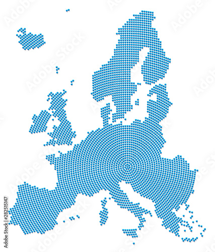 Europe map. Blue pattern with 3d iron beads going radial outwards from the center to form the silhouette of the EU area. Vector illustration on white background.