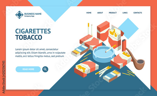 Cigarettes Accessories Smokers 3d Landing Web Page Template Isometric View. Vector