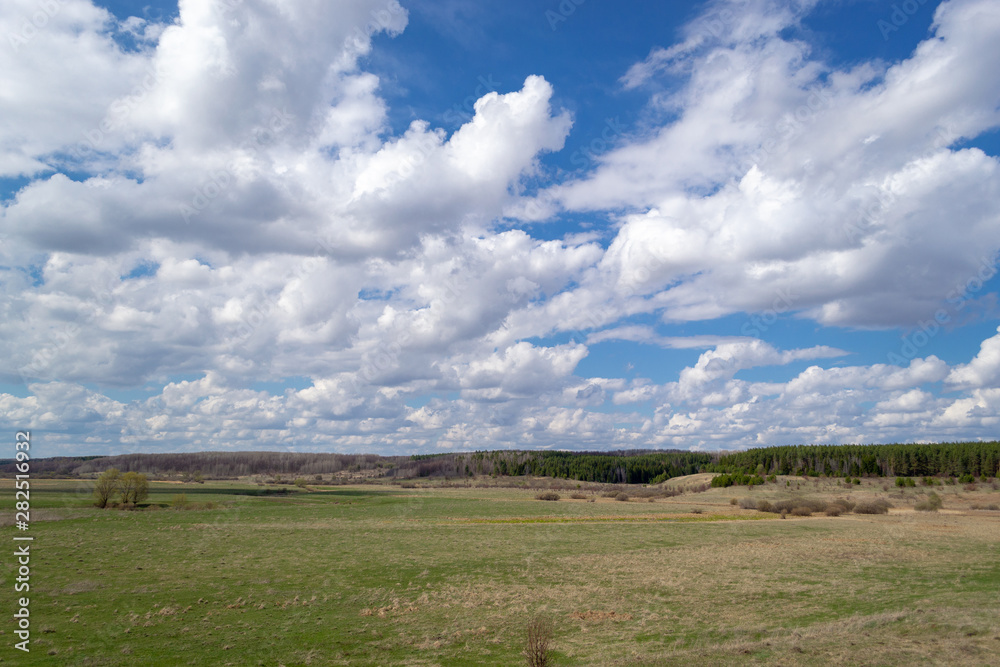 Massive cumulus white clouds in a blue sky over a green plain.