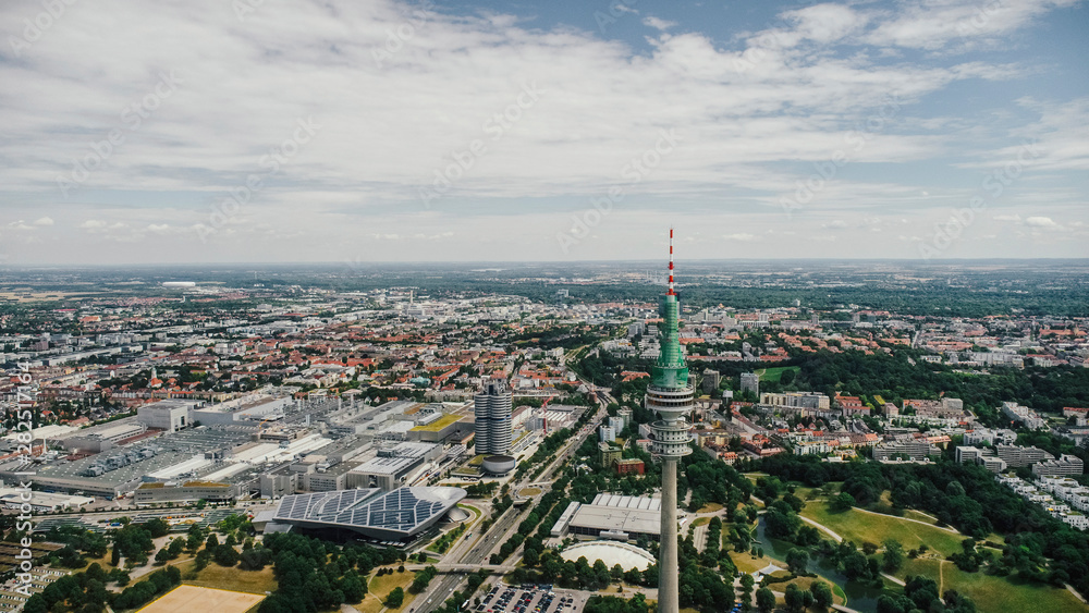 Drone point of view sunny Munich cityscape, Bayern, Germany Drone point of view sunny Munich cityscape, Bayern, Germany