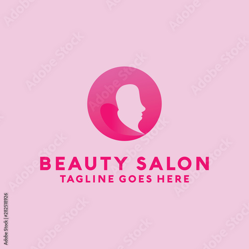 Beauty Salon Logo Design with female Face and Haircut for Stylist. Modern Gradient for Beauty with Glamorous Woman Hair Stylish.