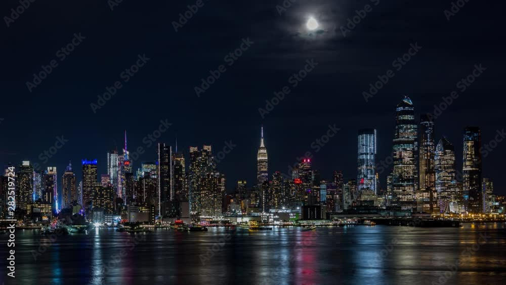 Midtown Manhattan Skyline New York City and Moon at Night Timelapse Midtown Manhattan Skyline New York City and Moon at Night Timelapse