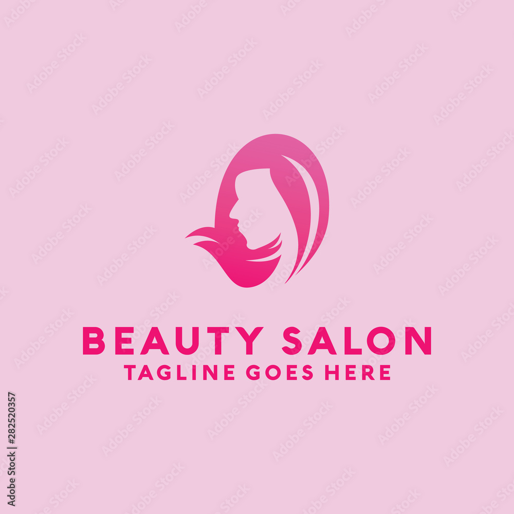 Beauty Salon Logo Design with female Face and Haircut for Stylist. Modern Gradient for Beauty with Glamorous Woman Hair Stylish.