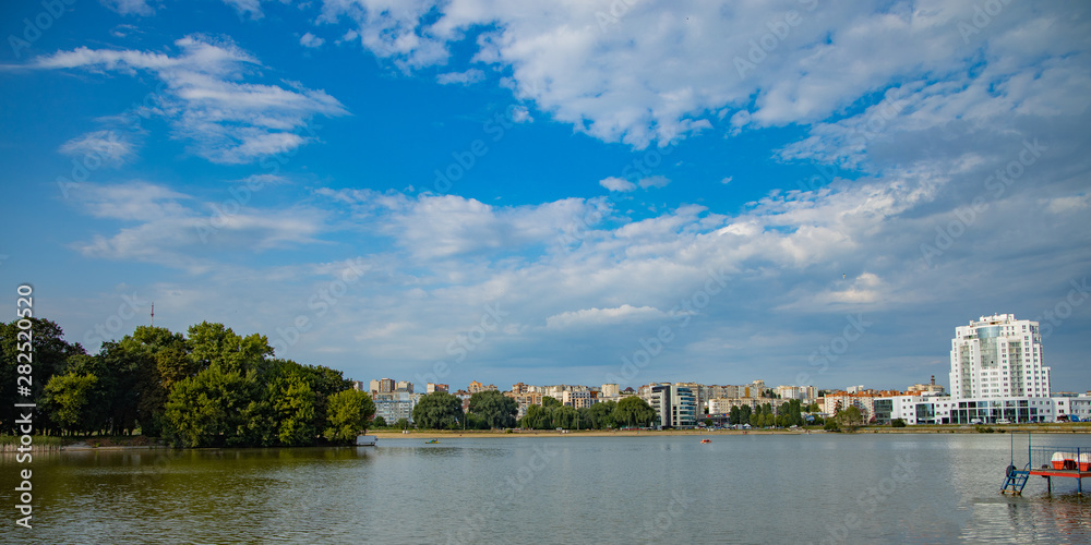 Ukrainian panorama city river waterfront building landmark photography in poor harbor district 