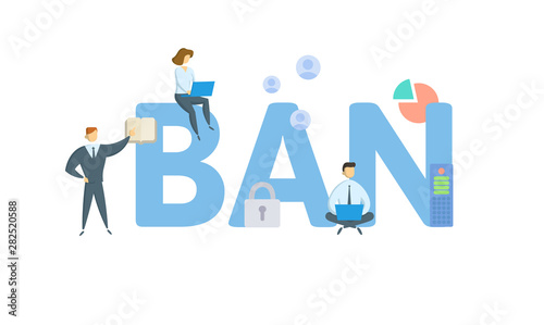 BAN. Concept with people, letters and icons. Colored flat vector illustration. Isolated on white background.