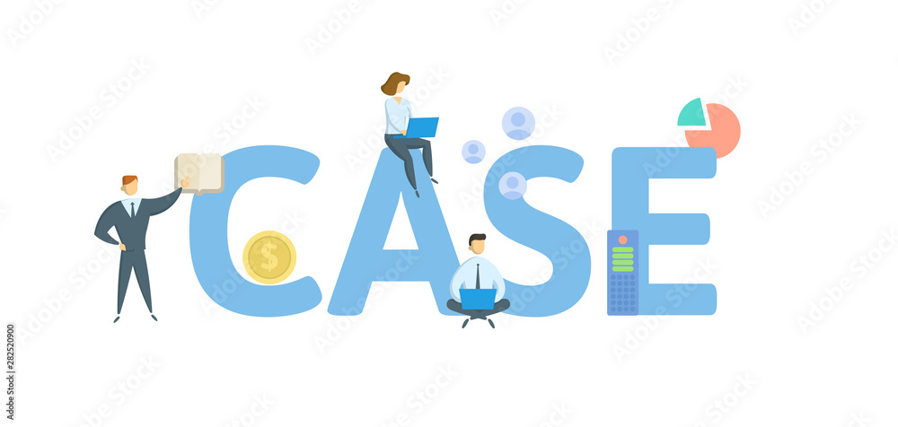 CASE. Concept with people, letters and icons. Colored flat vector illustration. Isolated on white background. CASE. Concept with people, letters and icons. Colored flat vector illustration. Isolated on white background.