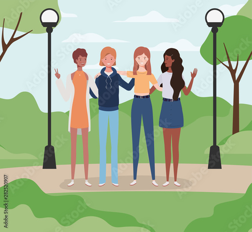 young interracial girls group in the park