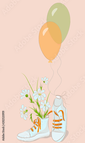 vintage style sneakers with flowers and balls, congrats