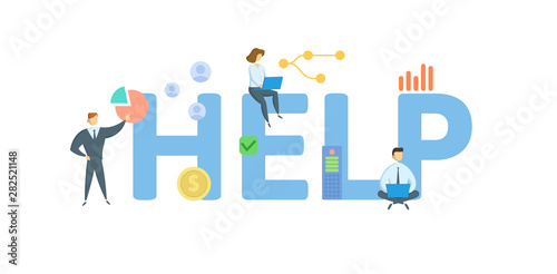 HELP. Concept with people, letters and icons. Colored flat vector illustration. Isolated on white background.