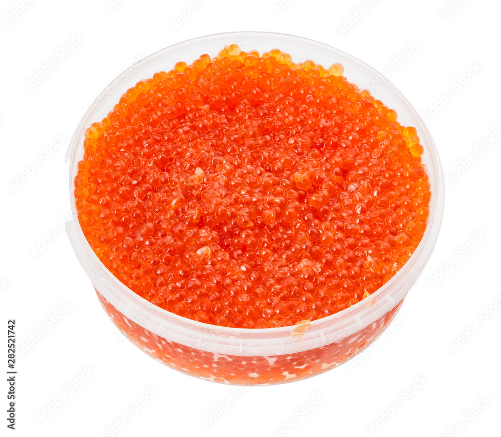 plastic container with salted russian red caviar plastic container with salted russian red caviar