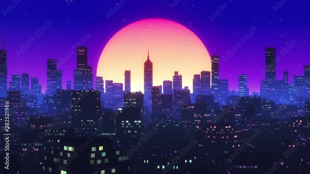 Lo-Fi Retro Synthwave City Skyline VJ Loop Motion Background