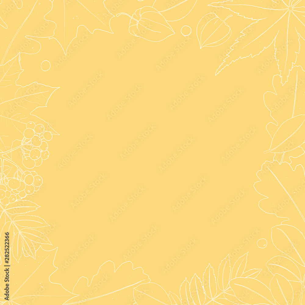 Frame with autumn leaves. White silhouettes on a yellow background. Vector illustration in sketch style. Hand-drawn. Template. Mock up. Frame with autumn leaves. White silhouettes on a yellow background. Vector illustration in sketch style. Hand-drawn. Template. Mock up.