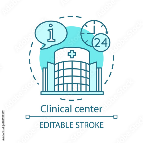 Clinical center concept icon. Medicine and healthcare idea thin line illustration. Hospital information system. Patient care and aid. 24 hours working. Vector isolated outline drawing. Editable stroke