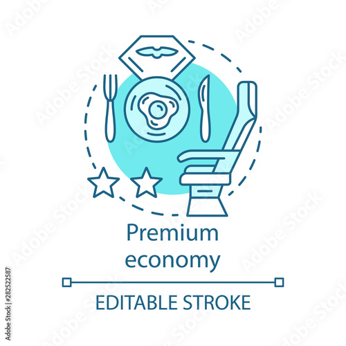 Premium economy concept icon. Airline travel class idea thin line illustration. Flight menu, breakfast. Passenger seat. Food served on airplane board. Vector isolated outline drawing. Editable stroke