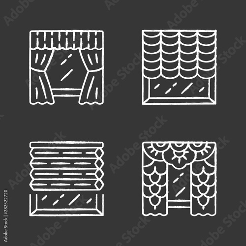 Window blinds chalk icons set. Austrian, cellular shades, lace curtains, window treatment set. Room darkening decoration. House decor. Office interior design. Isolated vector chalkboard illustrations