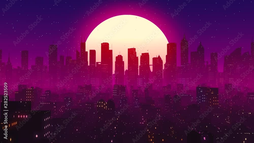 Side Scrolling Retro Lo-fi City Syline VJ Loop Motion Background Side Scrolling Retro Lo-fi City Syline VJ Loop Motion Background