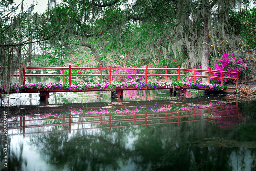 Fototapeta premium Red bridge with blooming flowers over still water in Charleston, South Carolina, USA