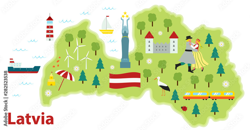 Vector stylized travel map of Latvia. Baltic sea. Flat style illustration. Dancing woman and man in traditional costumes. Latvian flag and symbols, animals and infrastructure.