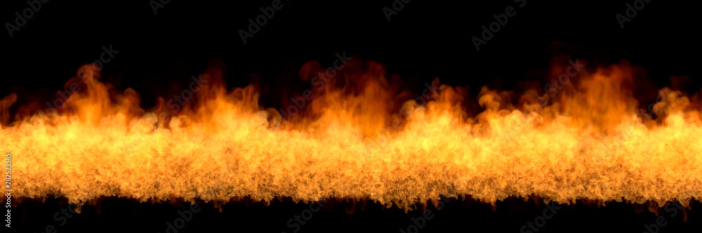 glowing explosion on black background, fire line at bottom - fire 3D illustration