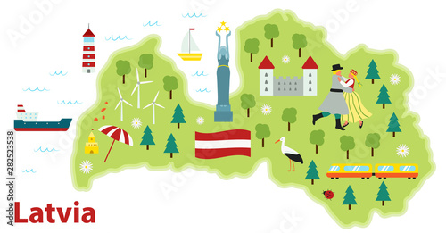 Vector stylized travel map of Latvia. Baltic sea. Flat style illustration. Dancing woman and man in traditional costumes. Latvian flag and symbols  animals and infrastructure.