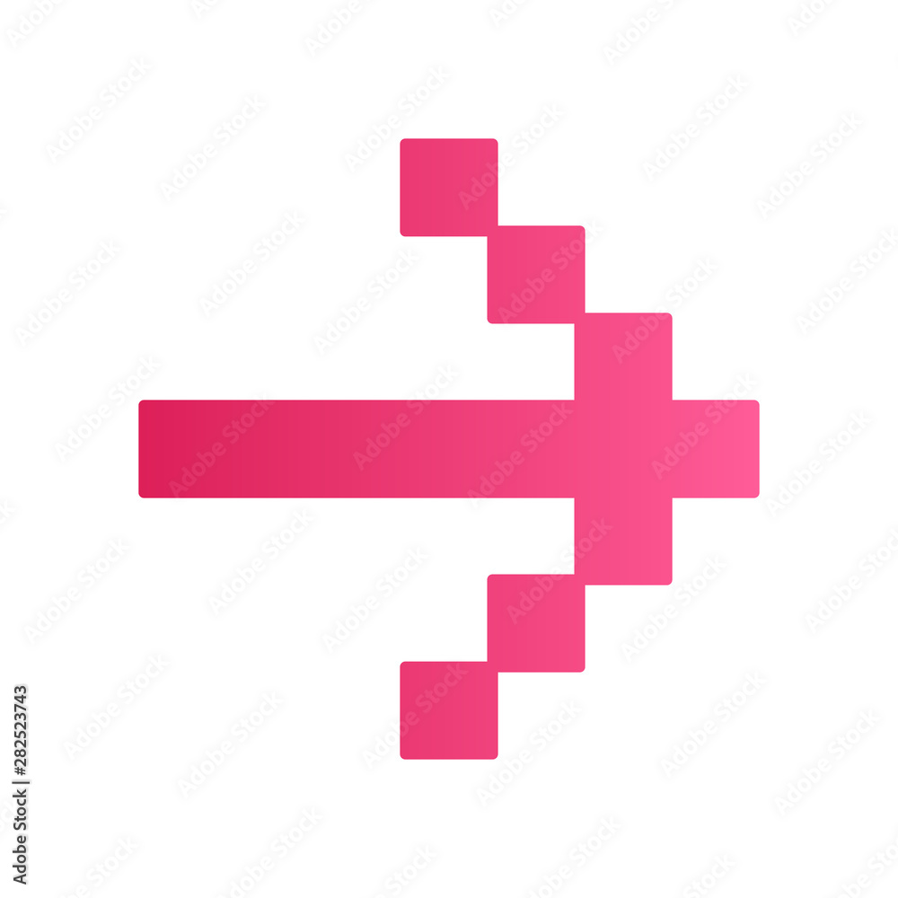 Fototapeta premium Pixel pink arrow flat design long shadow color icon. Forward indicator, right marker. Indicating sign. Pixel gaming arrow. Mosaic navigation symbol. Direction move. Vector silhouette illustration