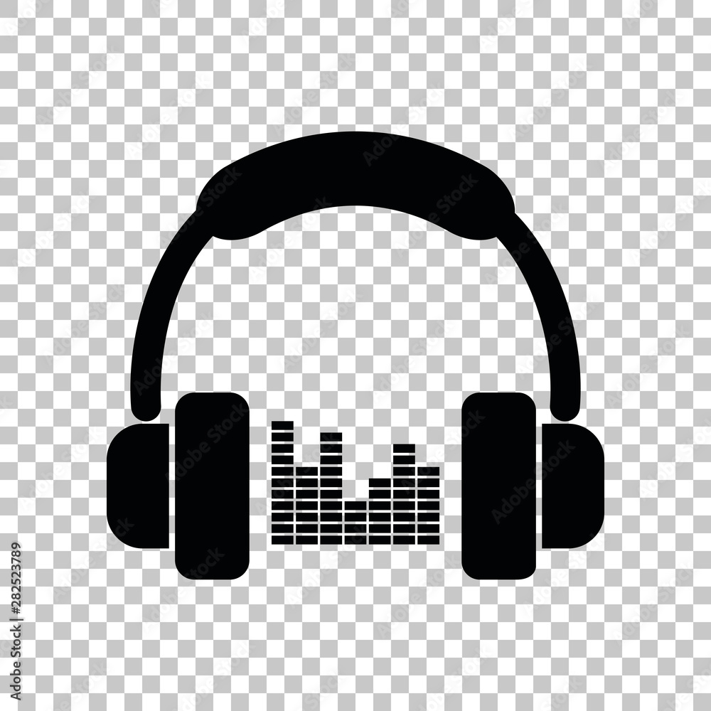 Headphones with spectrum bars or equalizer sign. Black icon on transparent background. Illustration. Headphones with spectrum bars or equalizer sign. Black icon on transparent background. Illustration.