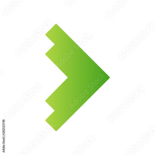 Right green arrowhead flat design long shadow color icon. Forward triangular arrow. Navigation pointer sign. Direction move. Motion indicator. Abstract pointing cursor. Vector silhouette illustration