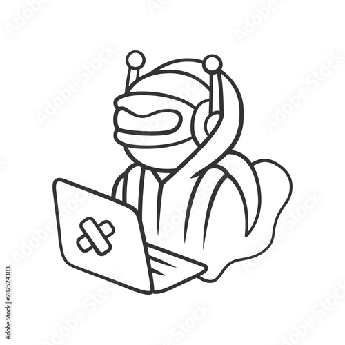 Hacker bot linear icon. Virus robot. Cyber pirate attack, crime, cybercrime. Malicious computer virus, AI. Thin line illustration. Contour symbol. Vector isolated outline drawing. Editable stroke
