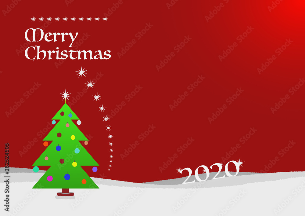 Christmas card template with a green tree with balls, a stairway, a Christmas and a 2020 year labels over a red background with a illumination on the right-top corner of the screen